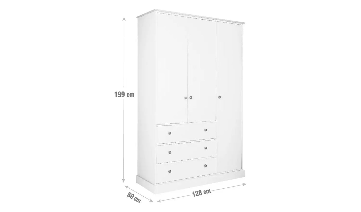 Kensington 3 Door 3 Drawer Wardrobe - Soft Grey /Oak Effect